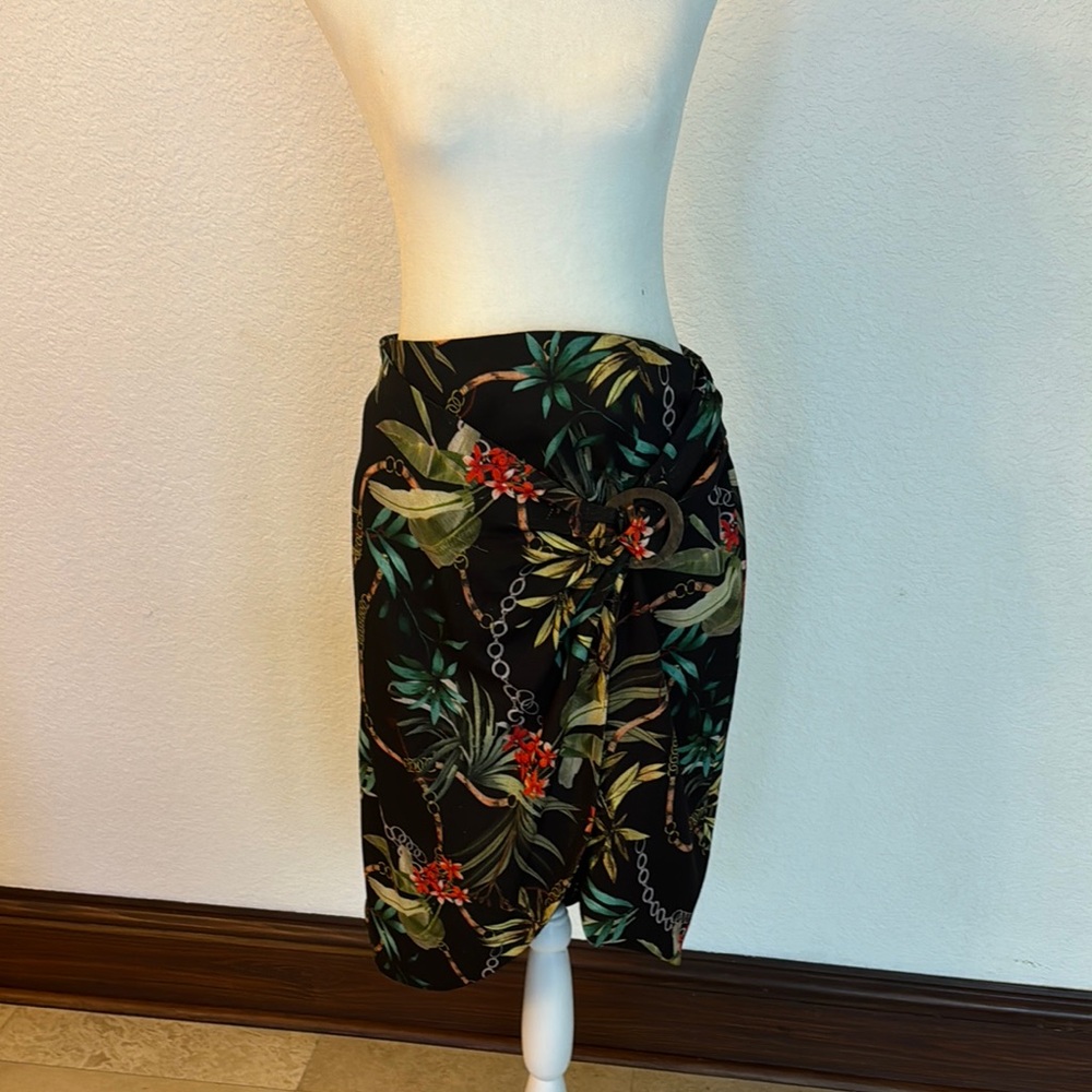 DREW Black and Green Midi Skirt with Bold Botanical Design